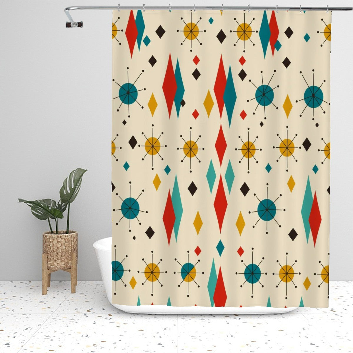 Mid-Century Modern Atomic Geometric Shower Curtain, 60 × 72 in