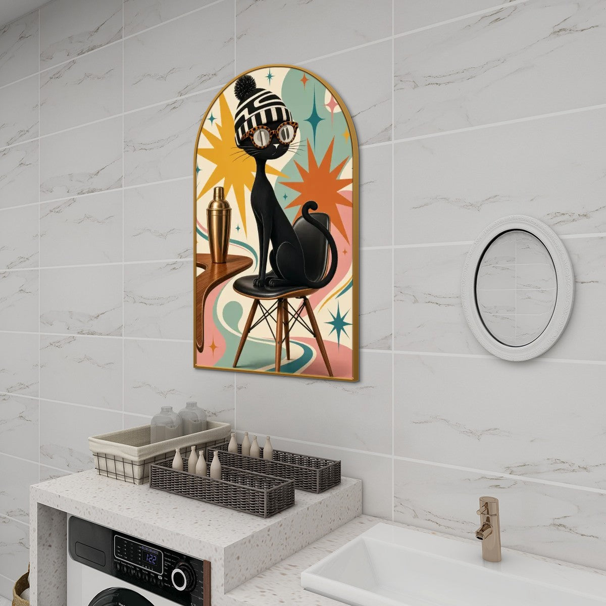 Mid-Century Modern Space-Age Atomic Cat Arched Canvas