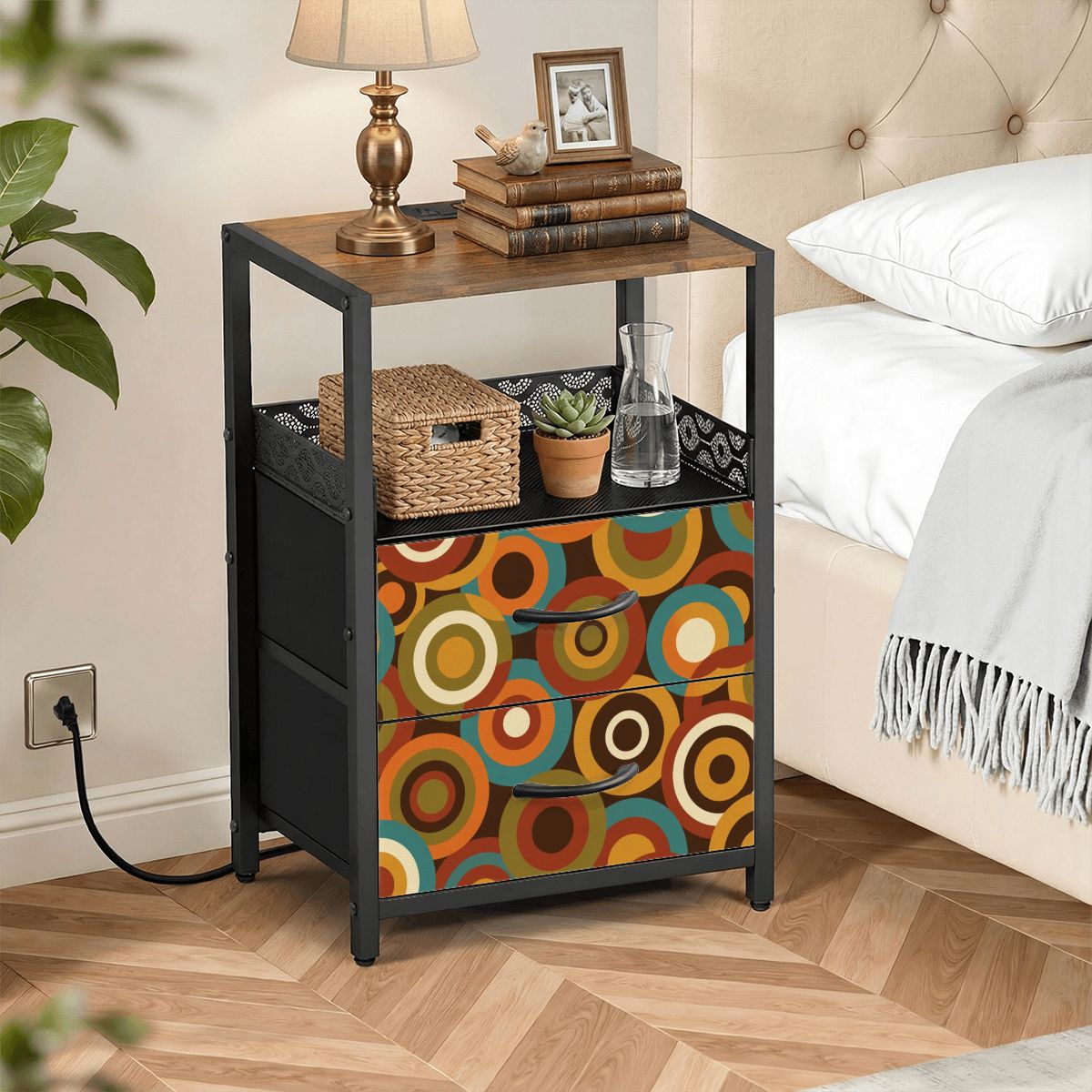 Mid-Century Modern Retro Circles Nightstand with Charging Station | 2-Drawer Bedside Table