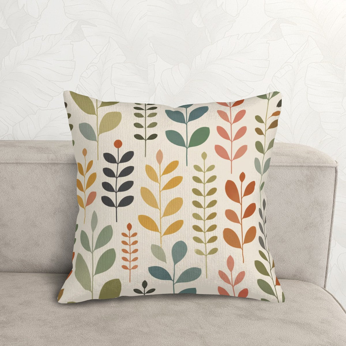 Mid-Century Modern Botanical Leaf Print Corduroy Throw Pillow