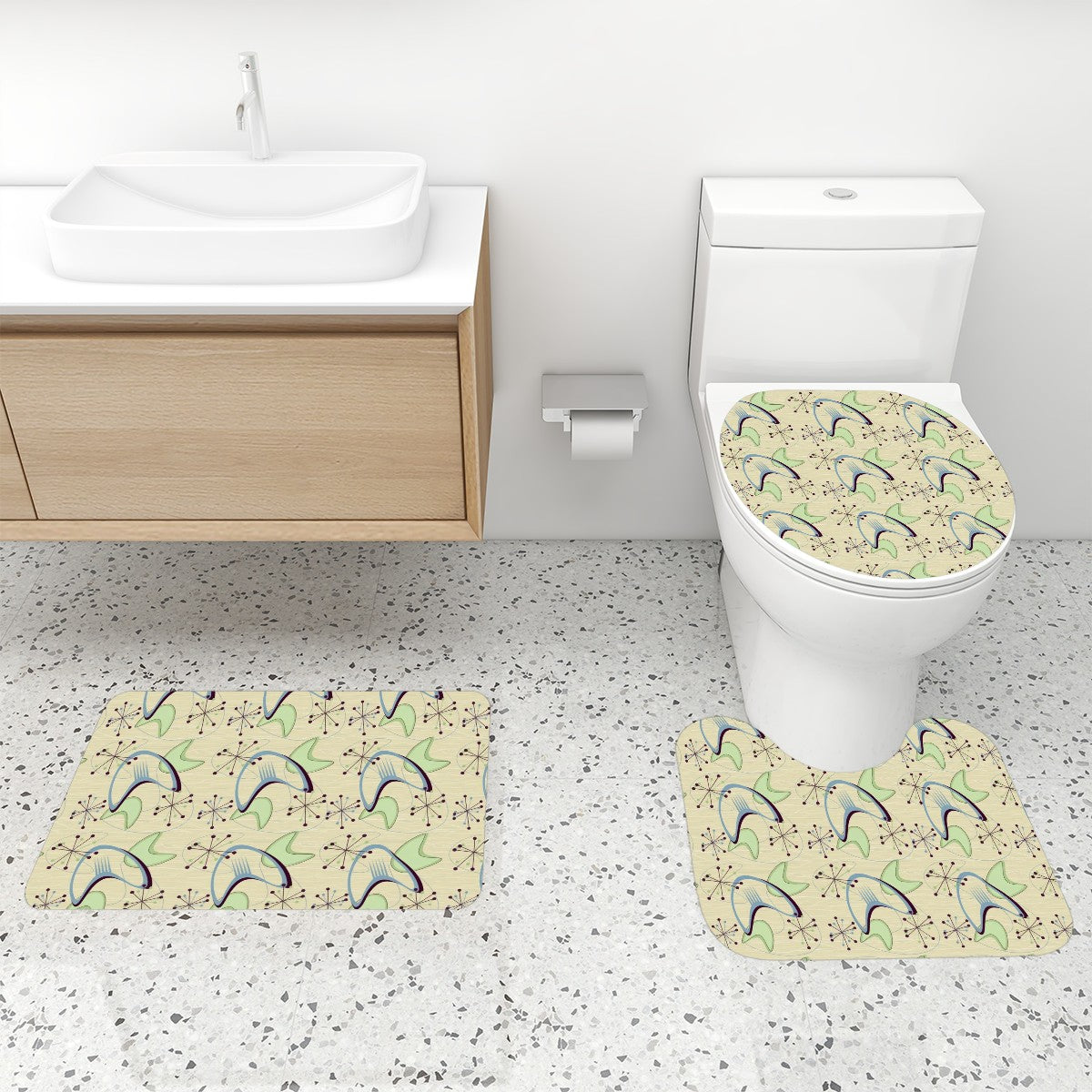 Mid-Century Modern Boomerang Motif Shower Curtain & Bath Set