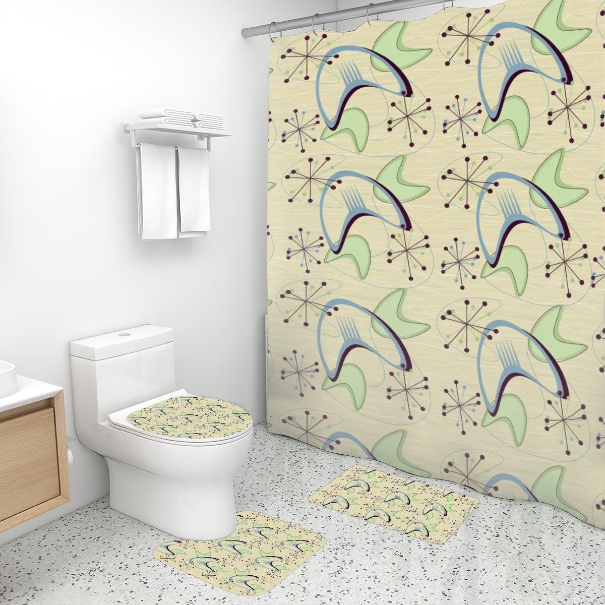 Mid-Century Modern Boomerang Motif Shower Curtain & Bath Set