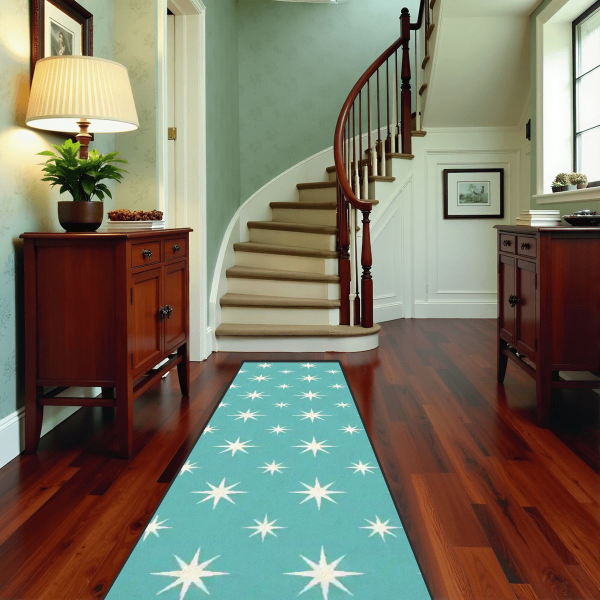 Mid-Century Modern Teal Atomic Starburst Runner Rug