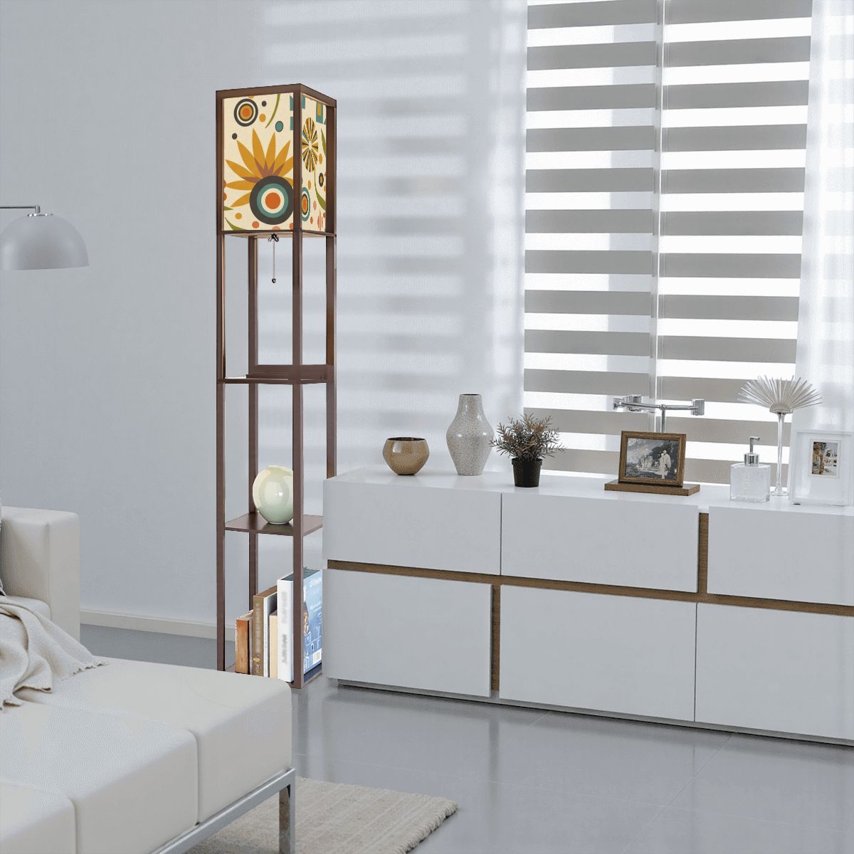 Mid-Century Modern Sunburst Print Shelf Floor Lamp