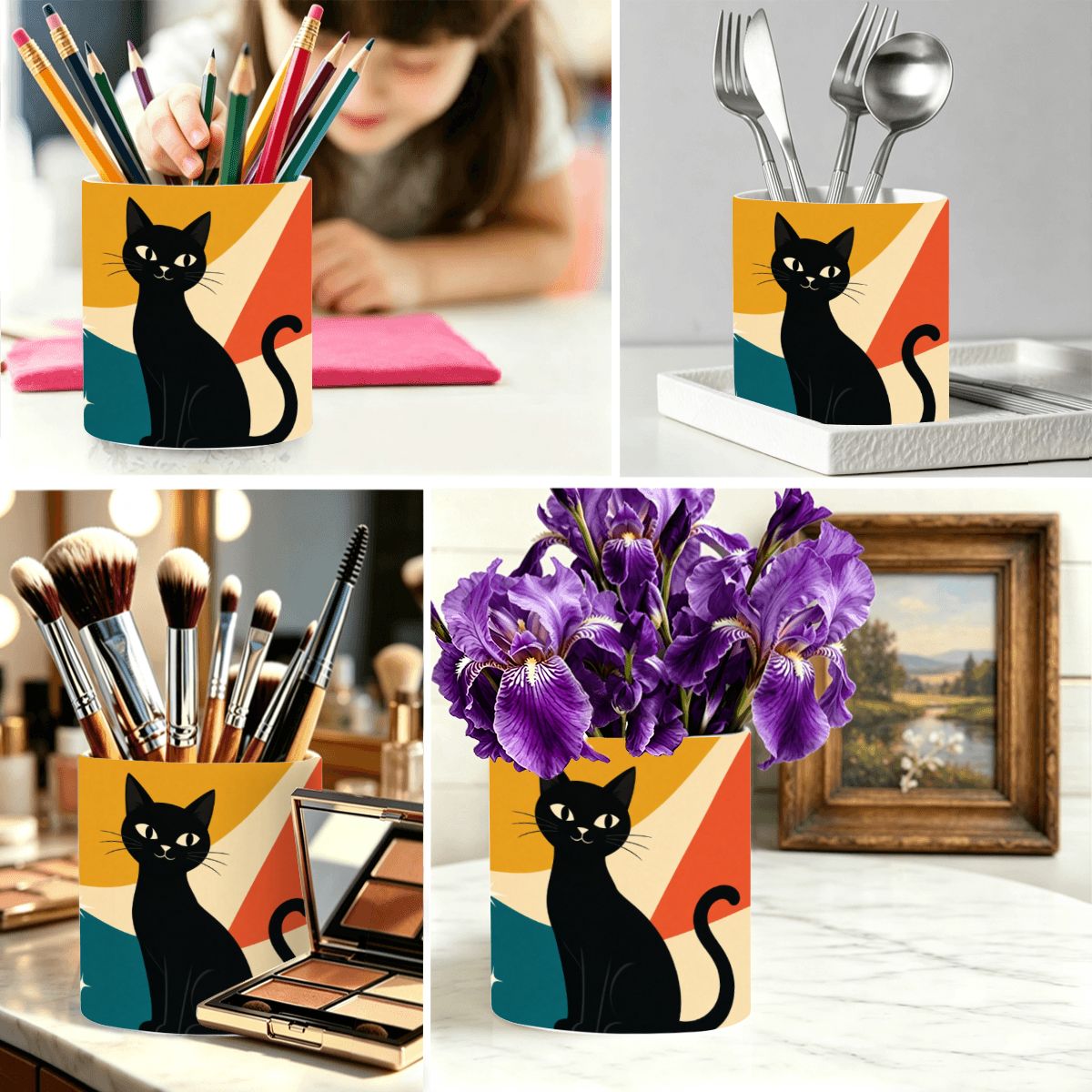 Mid-Century Modern Atomic Cat Ceramic Pencil Holder