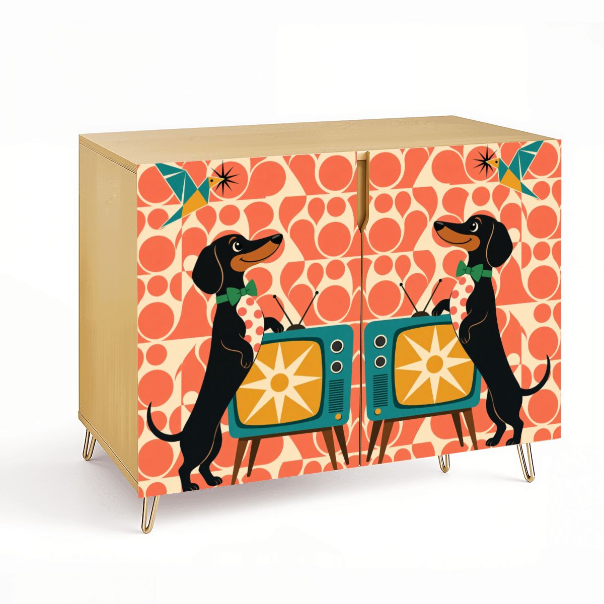Dachshund & Retro TV Print Mid-Century Modern Media Console