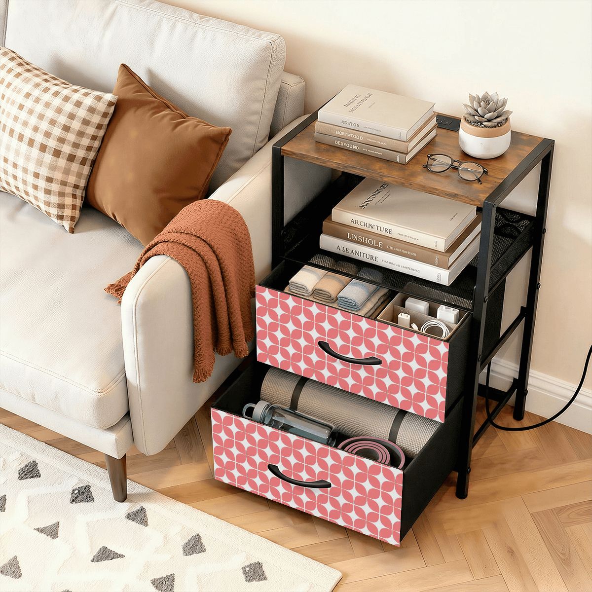 Mid-Century Modern Nightstand with Charging Station | 2-Drawer Bedside Table