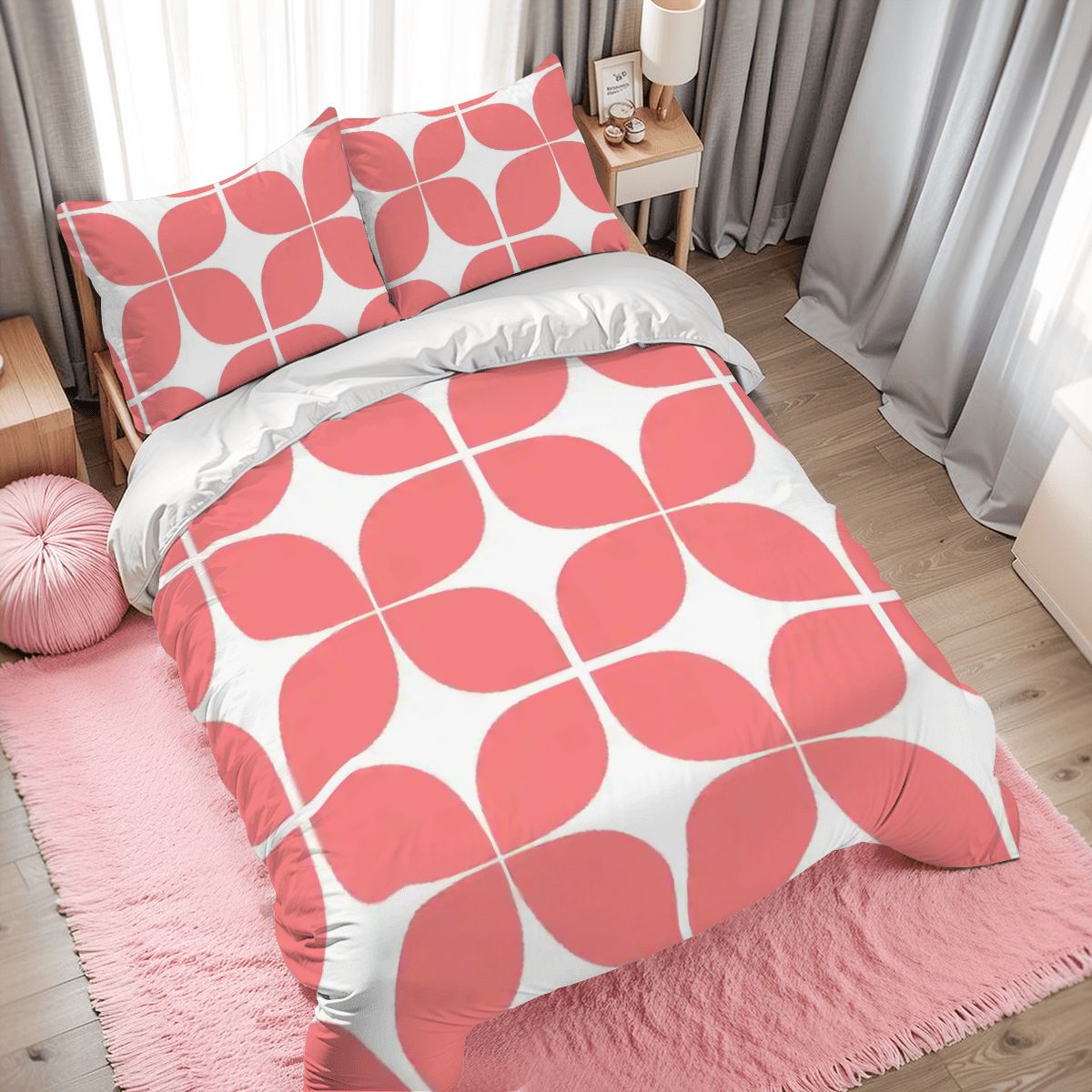 Mid-Century Modern Coral Geometric Duvet Cover Set
