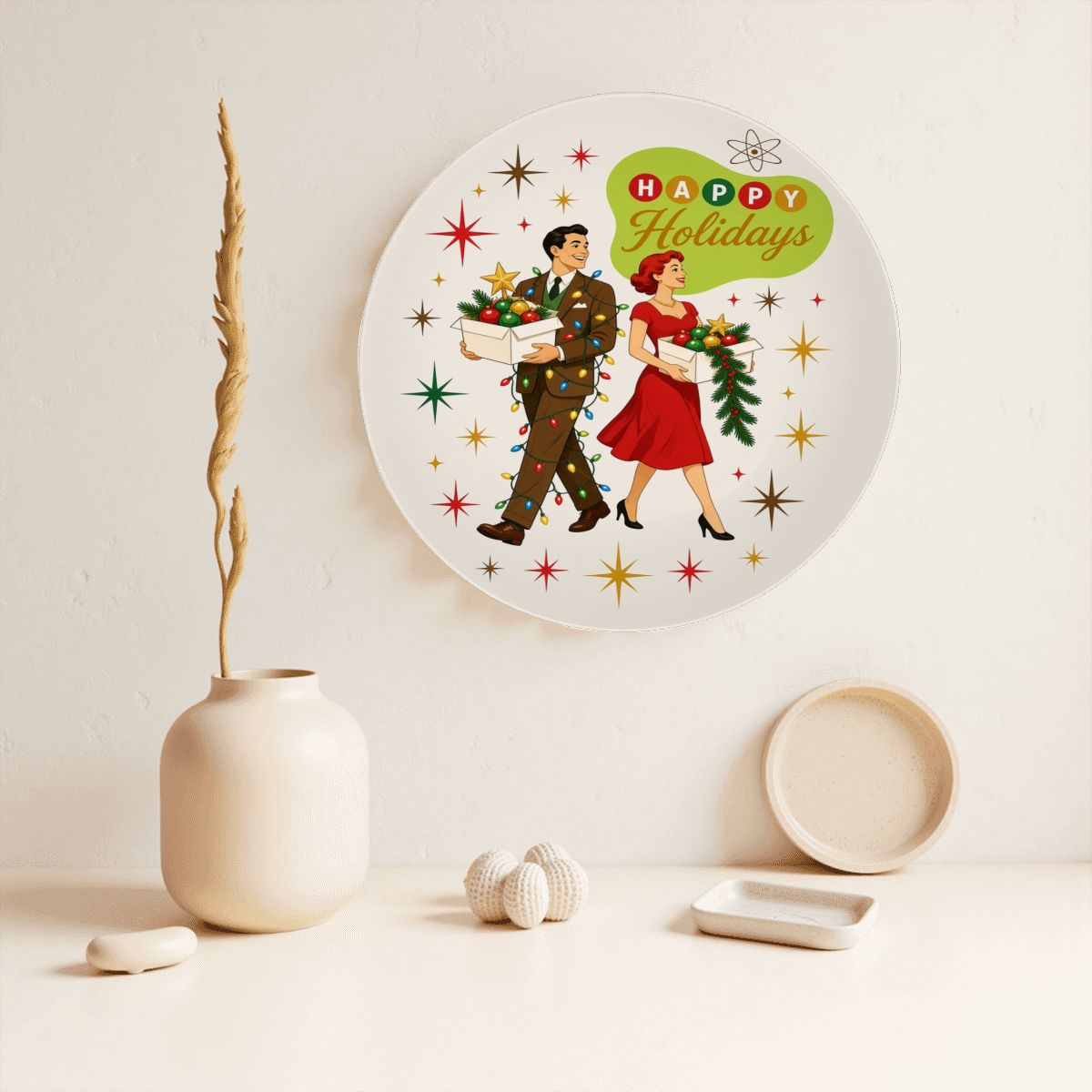 Mid-Century Modern Happy Holidays Dancing Couple Ceramic Decorative Plate