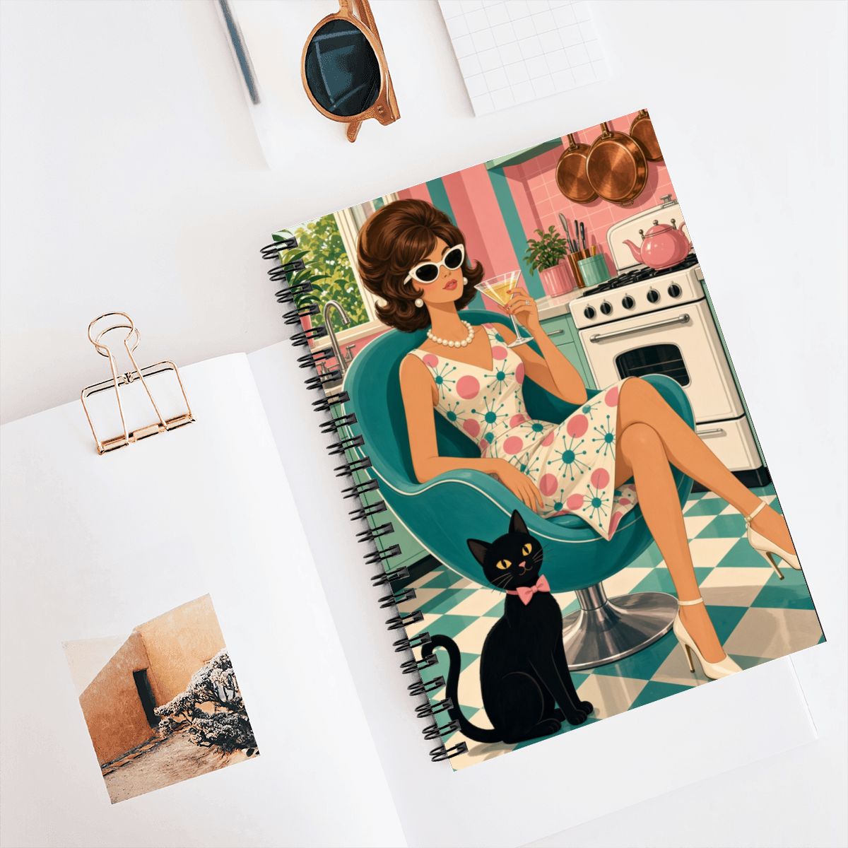 Mid-Century Modern Atomic Cat Muse Spiral Notebook