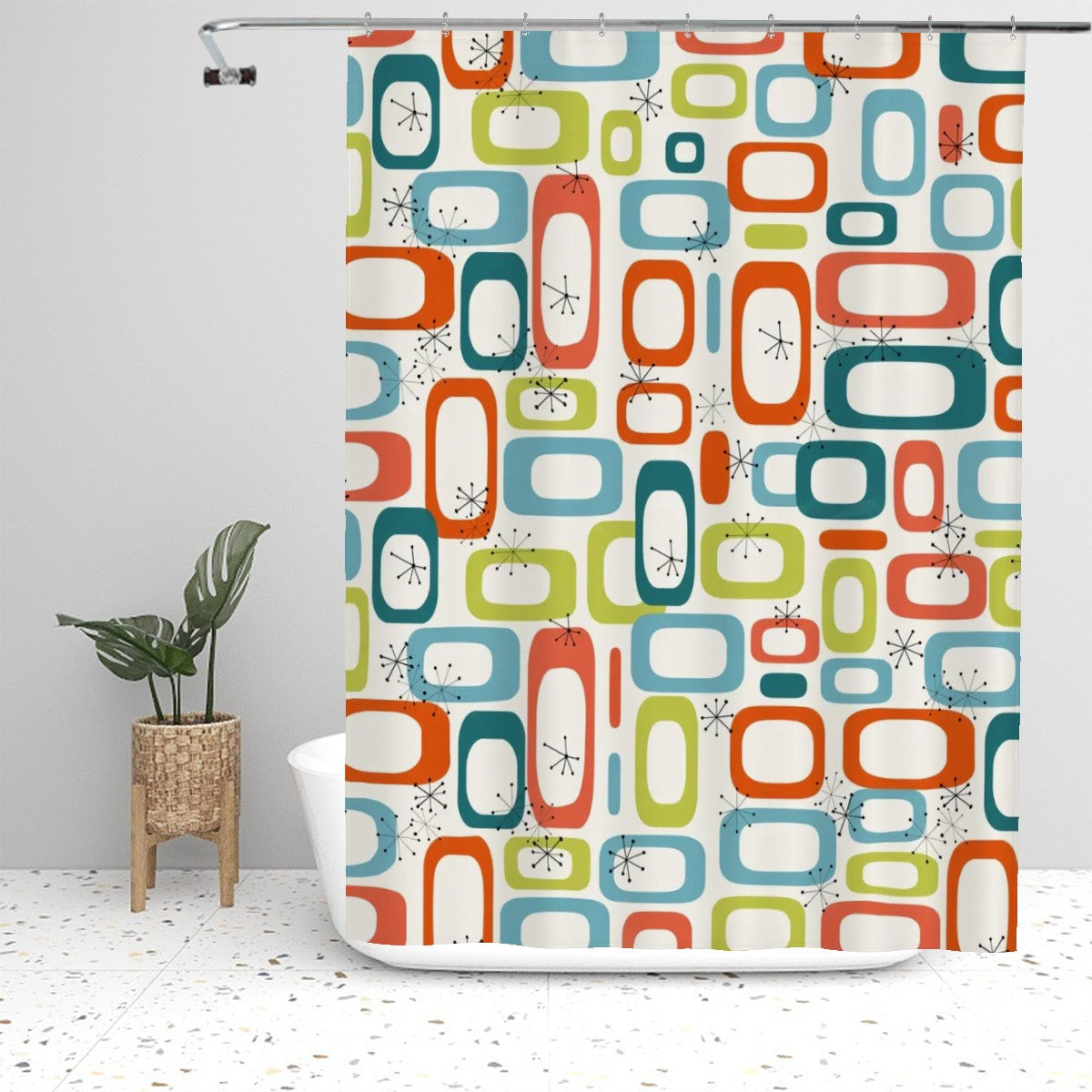 Mid-Century Modern Atomic Motif Shower Curtain, 60 × 72 in
