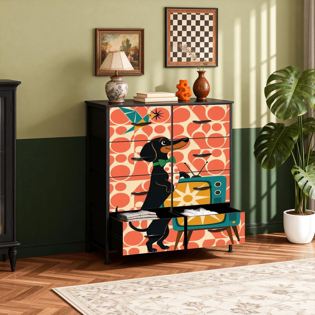 Mid-Century Modern Dachshund Colorblock 8-Drawer Dresser