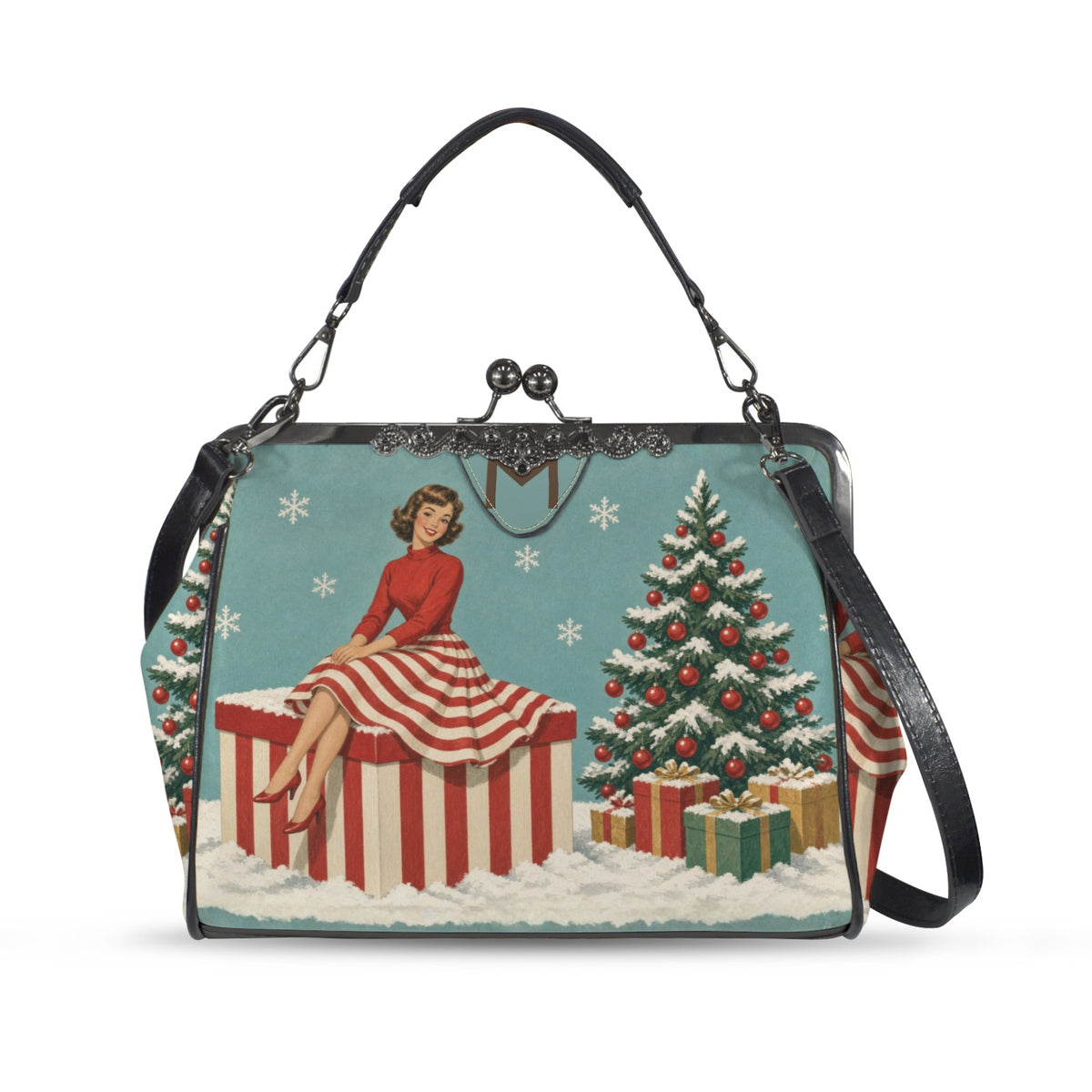 Atomic Christmas Cat Kiss-Lock Crossbody Bag