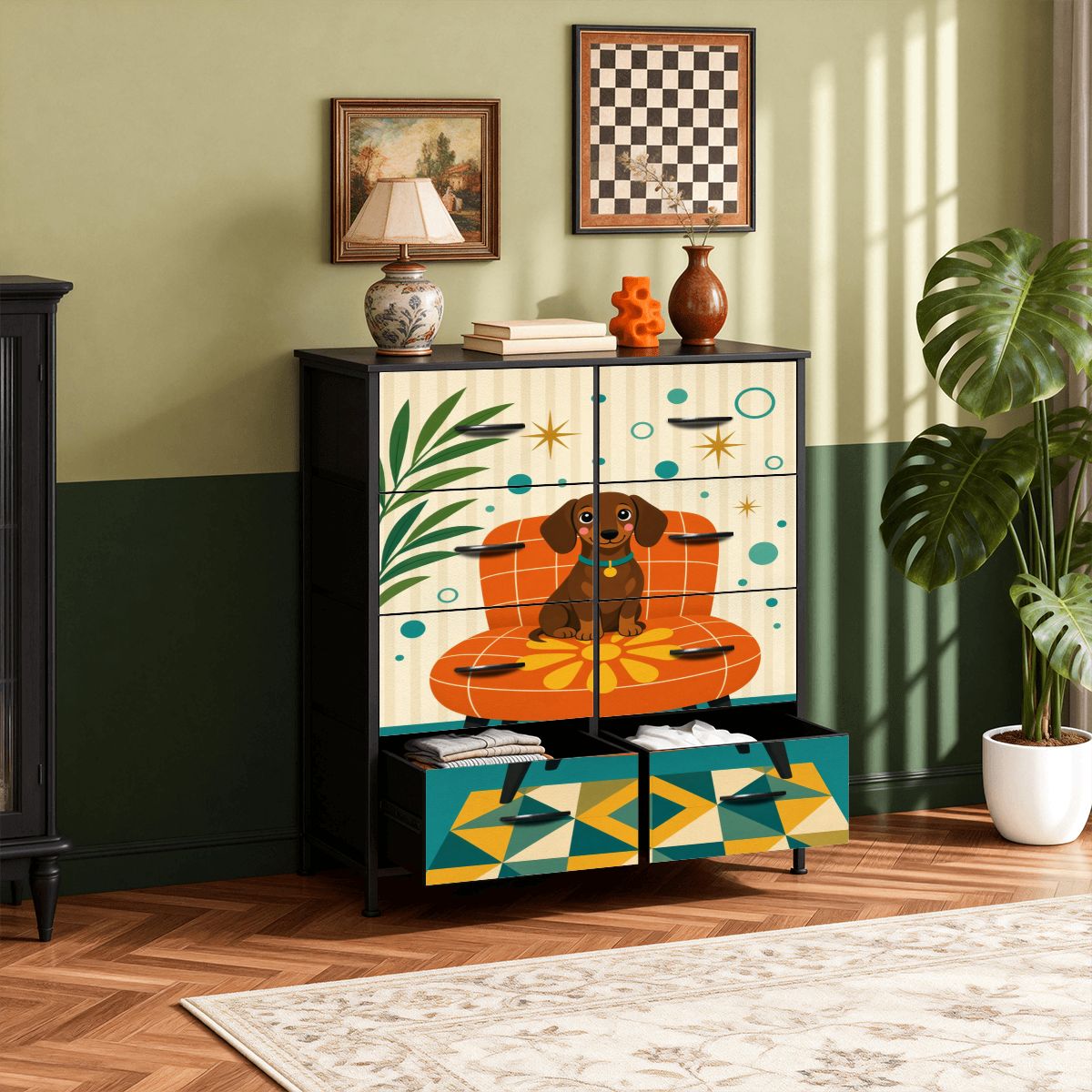 Mid-Century Modern Atomic Dog & Sun 8-Drawer Dresser