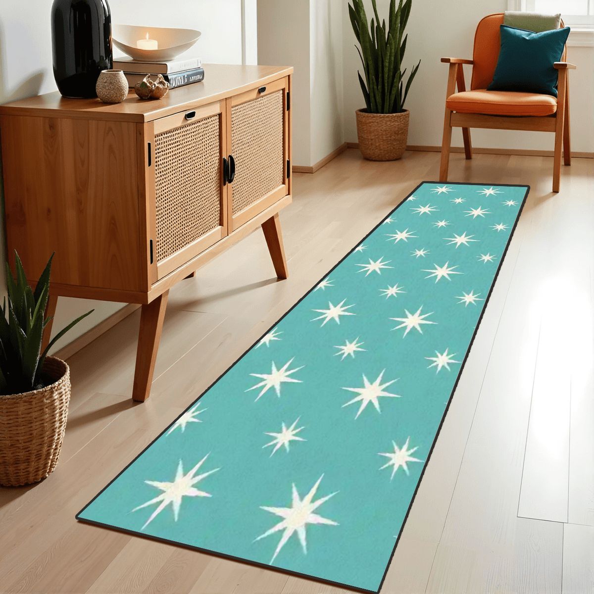 Mid-Century Modern Teal Atomic Starburst Runner Rug