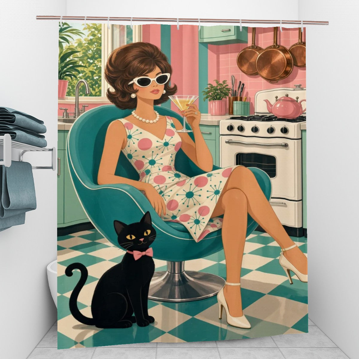 Atomic Kitchen Hostess & Cat Shower Curtain
