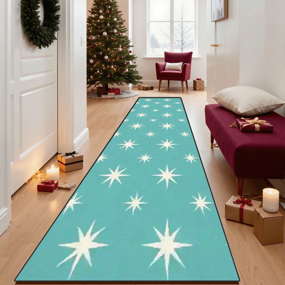 Mid-Century Modern Teal Atomic Starburst Runner Rug