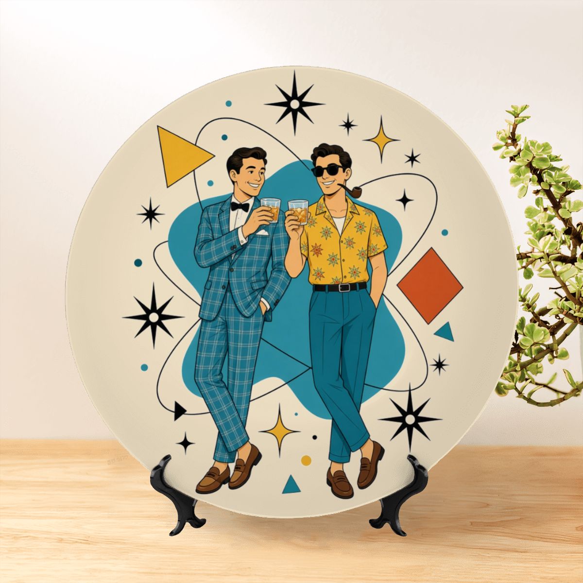 Mid-Century Modern Gay Couple Atomic Ceramic Decorative Plate