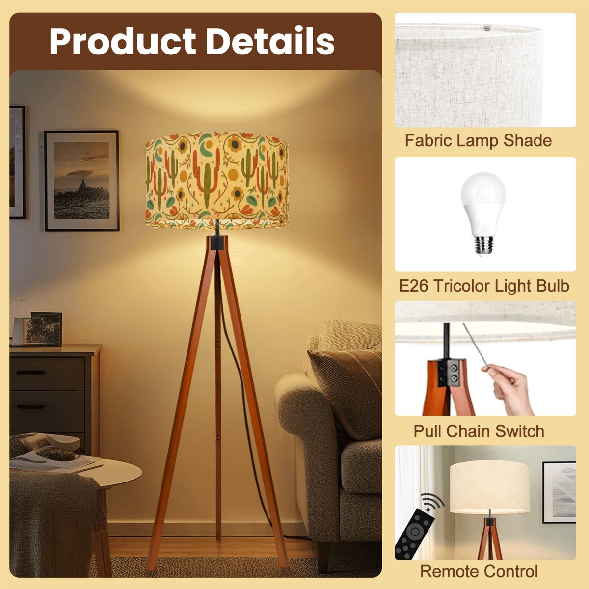 Mid-Century Modern Saguaro Garden Print Tripod Floor Lamp