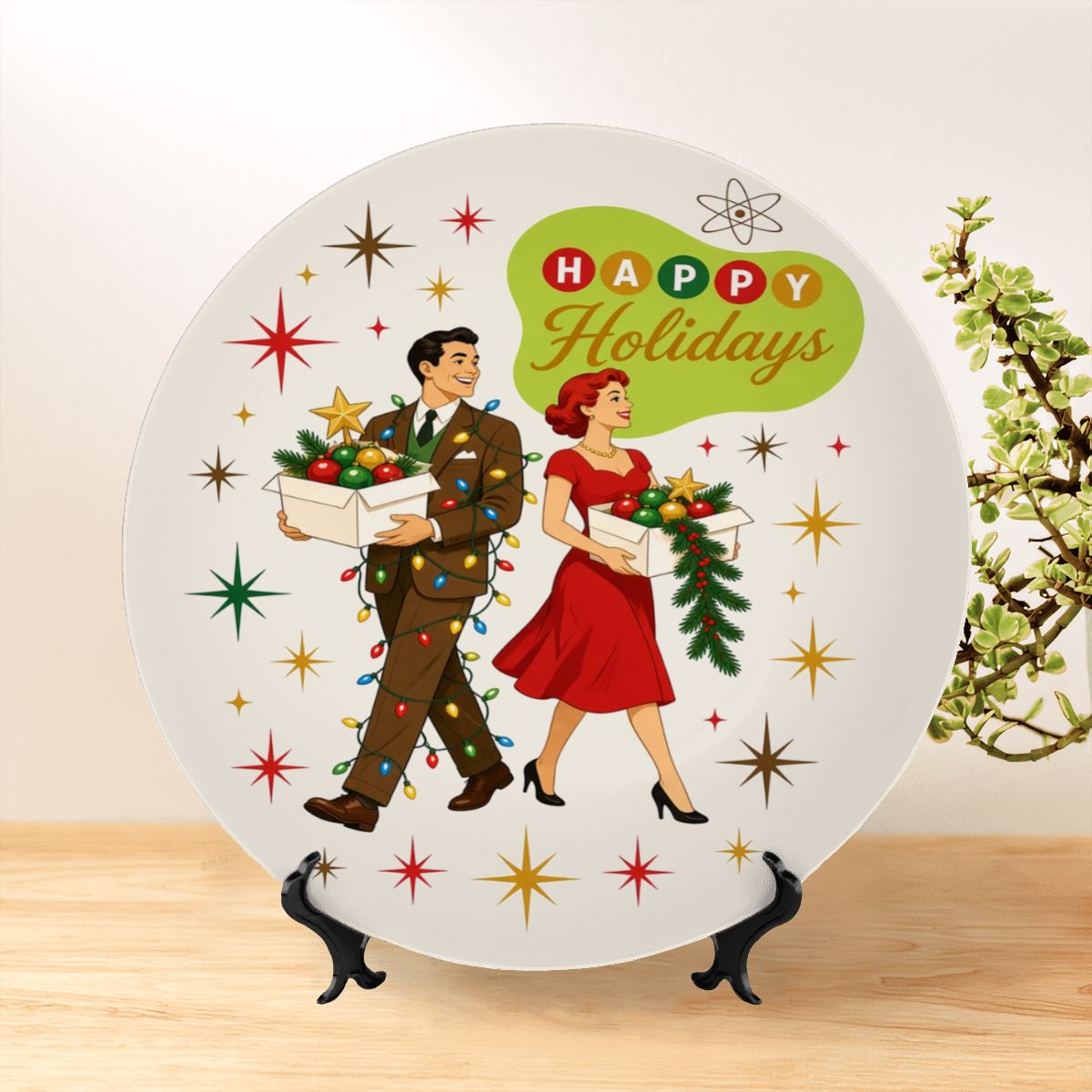 Mid-Century Modern Happy Holidays Dancing Couple Ceramic Decorative Plate
