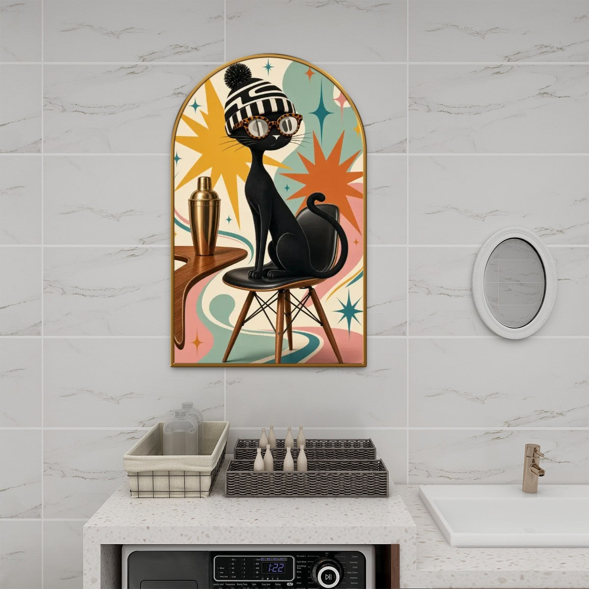 Mid-Century Modern Space-Age Atomic Cat Arched Canvas