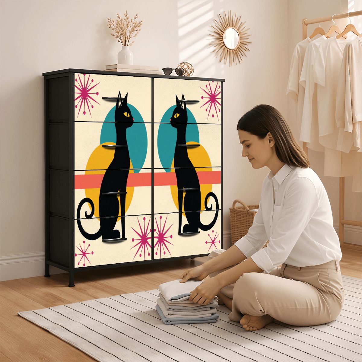 Mid-Century Modern Atomic Cat Pair 8-Drawer Dresser