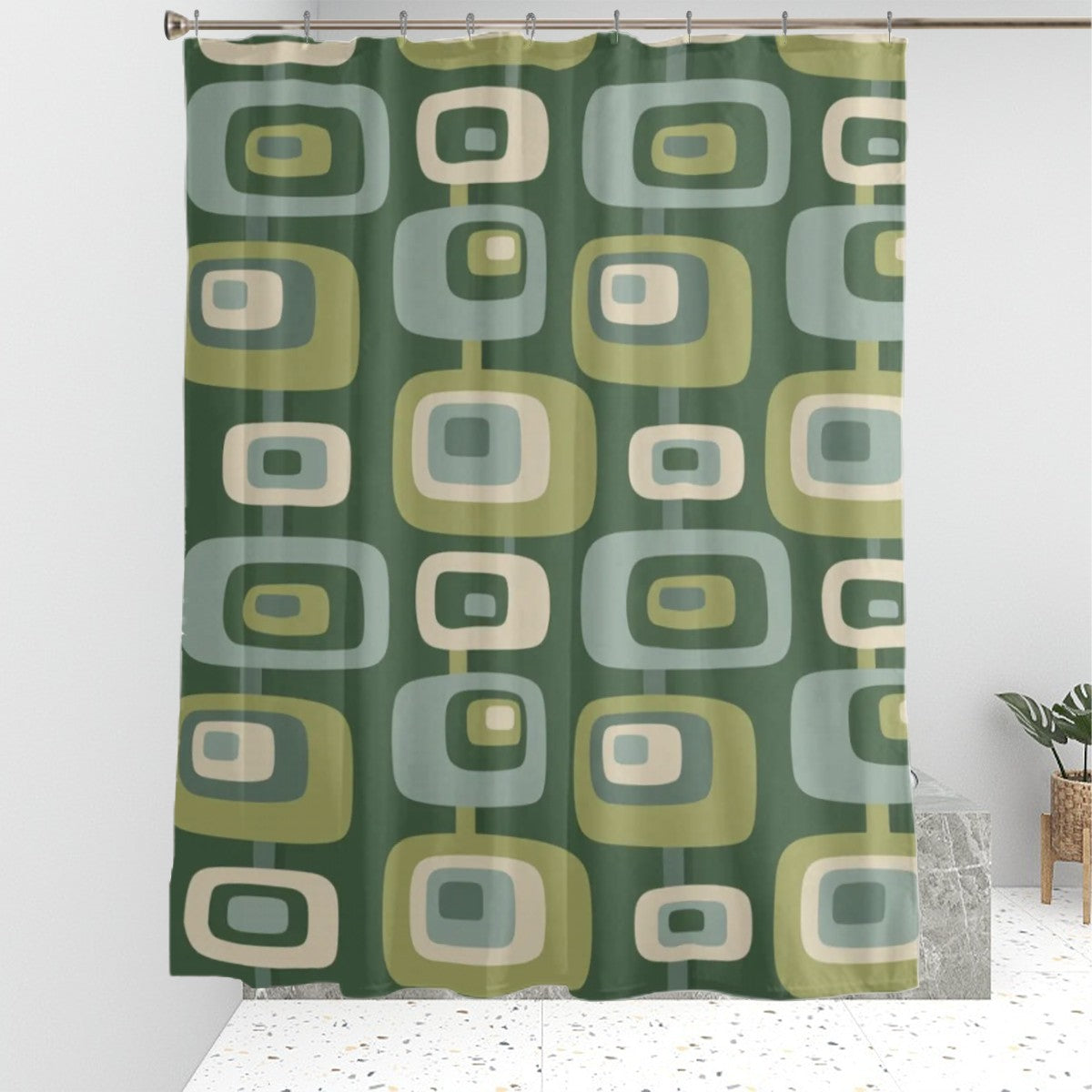 Mid-Century Modern Olive Green Geometric Shower Curtain, 60 × 72 in