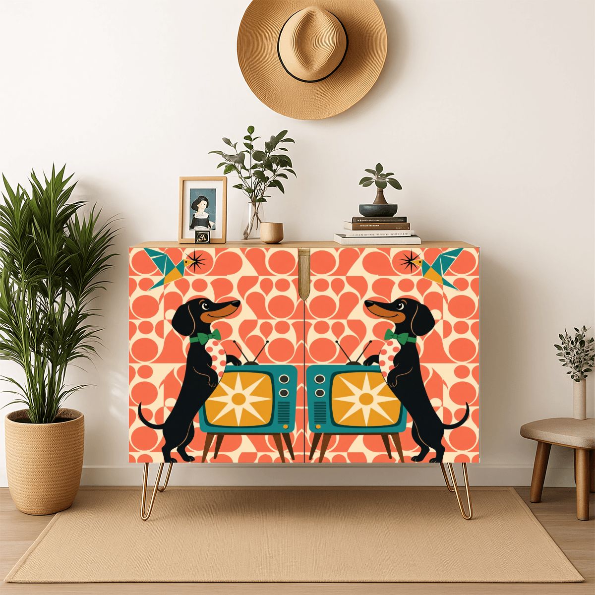 Dachshund & Retro TV Print Mid-Century Modern Media Console