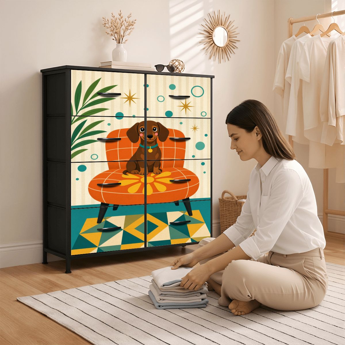 Mid-Century Modern Atomic Dog & Sun 8-Drawer Dresser