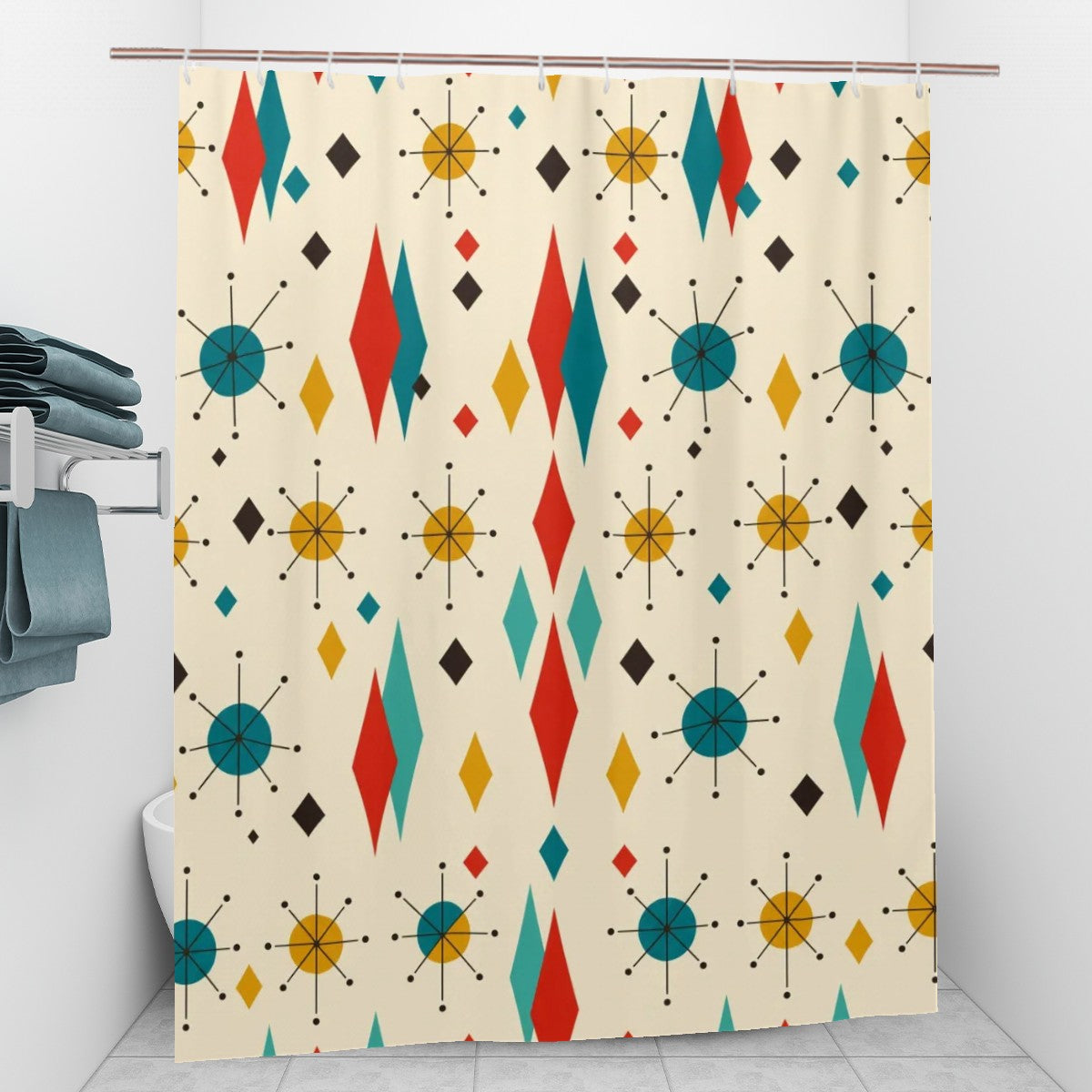 Mid-Century Modern Atomic Geometric Shower Curtain, 60 × 72 in