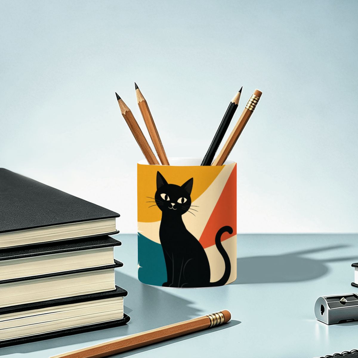 Mid-Century Modern Atomic Cat Ceramic Pencil Holder
