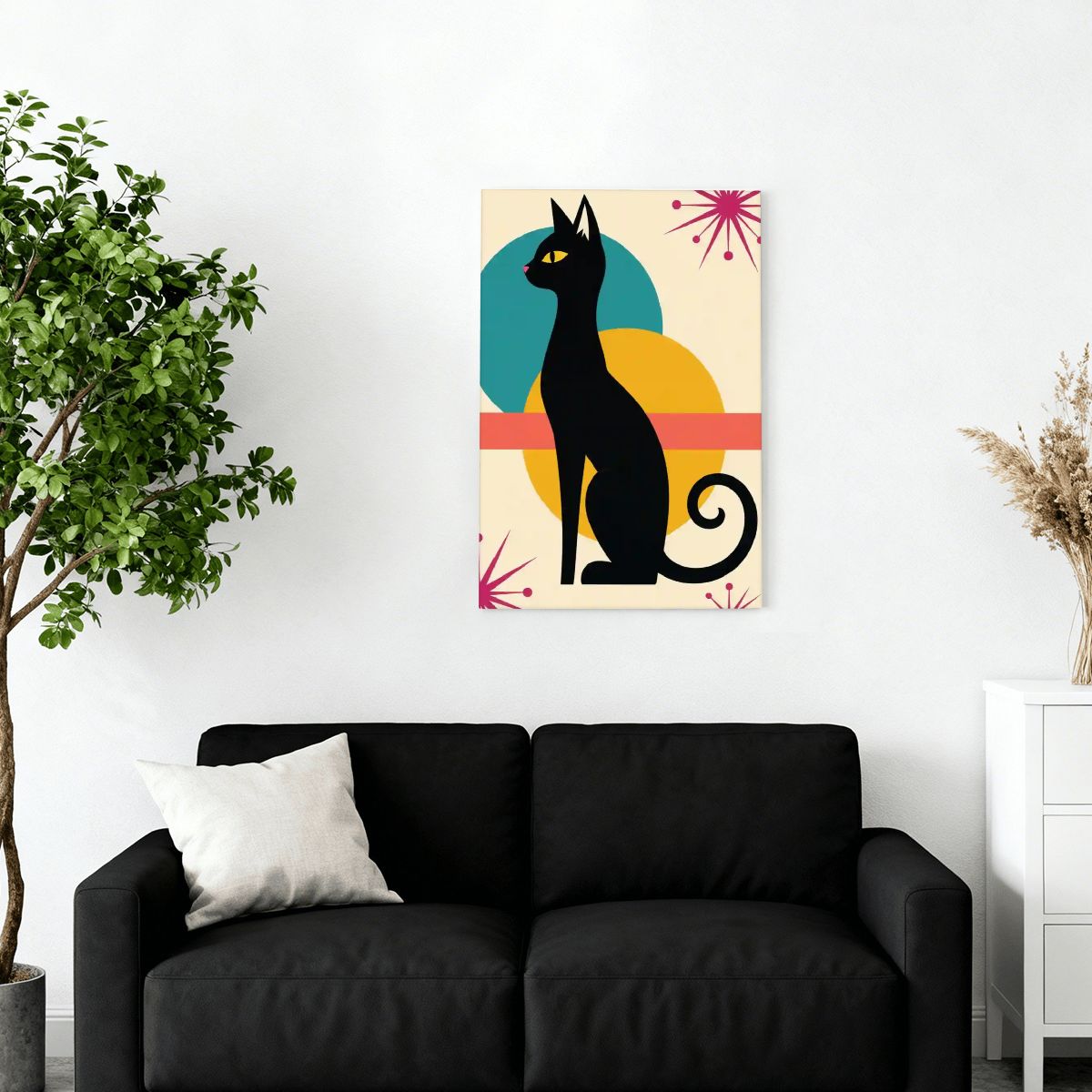 Mid-Century Modern Black Cat Framed Canvas Art