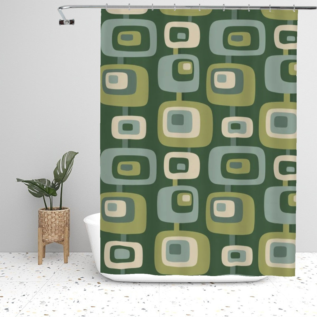 Mid-Century Modern Olive Green Geometric Shower Curtain, 60 × 72 in