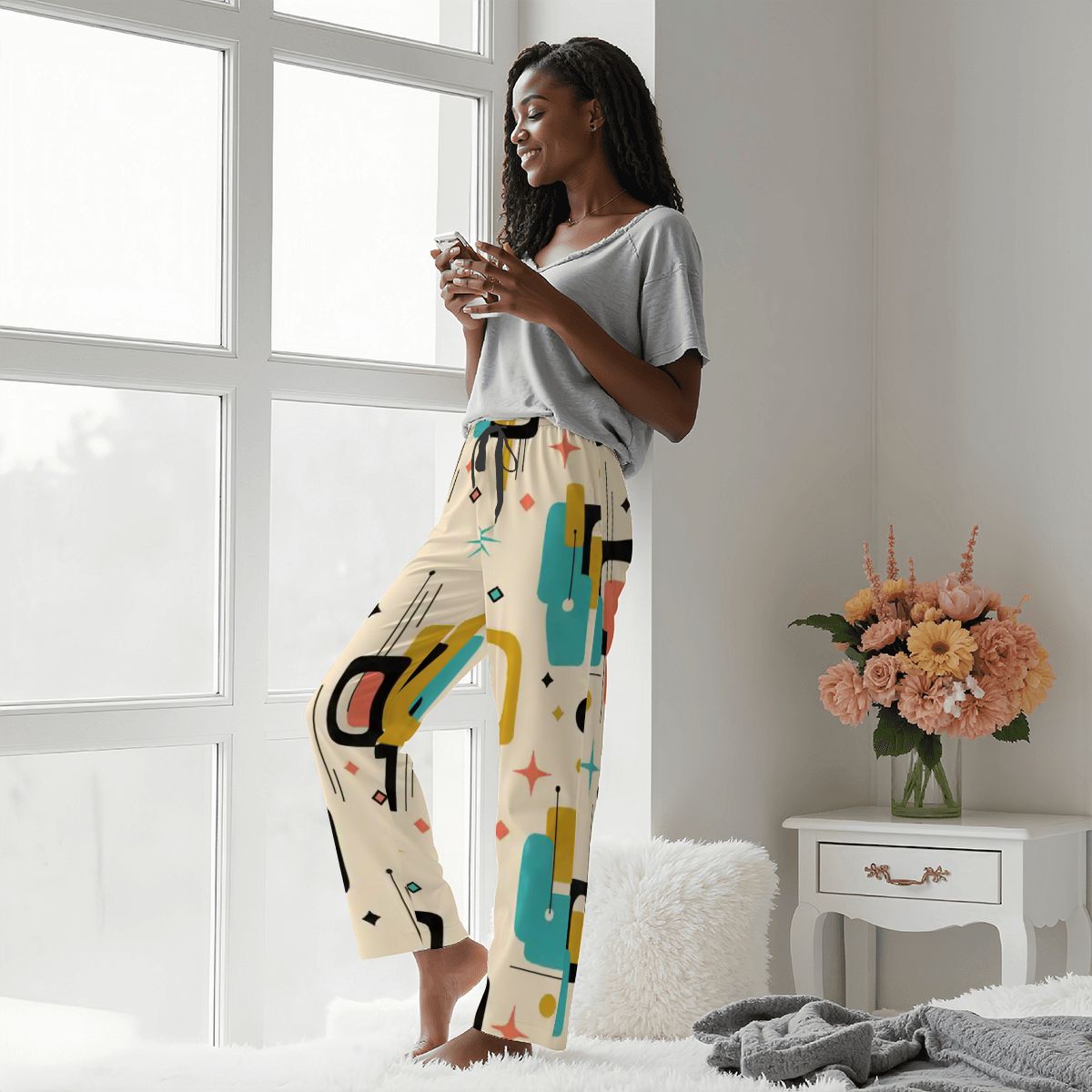 Cream Geometric Mid-Century Modern Pajama Pants