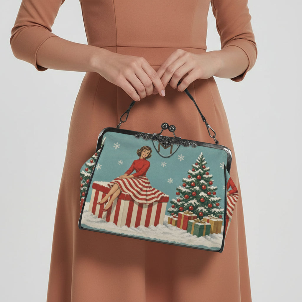 Atomic Christmas Cat Kiss-Lock Crossbody Bag