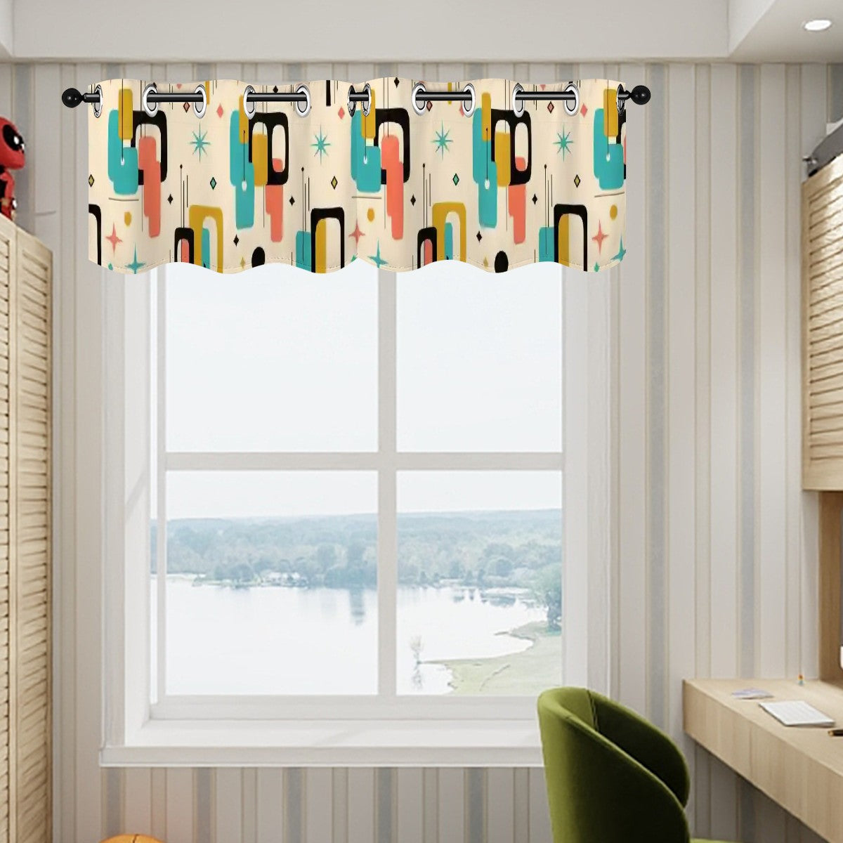 Mid-Century Modern Window Valance — Atomic Pop Shapes, 2 Panels (52"×18")