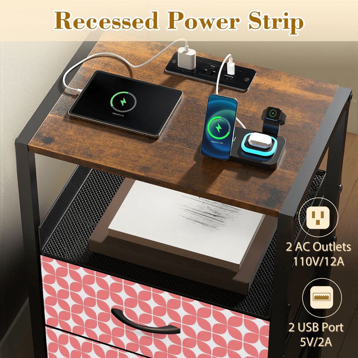 Mid-Century Modern Nightstand with Charging Station | 2-Drawer Bedside Table