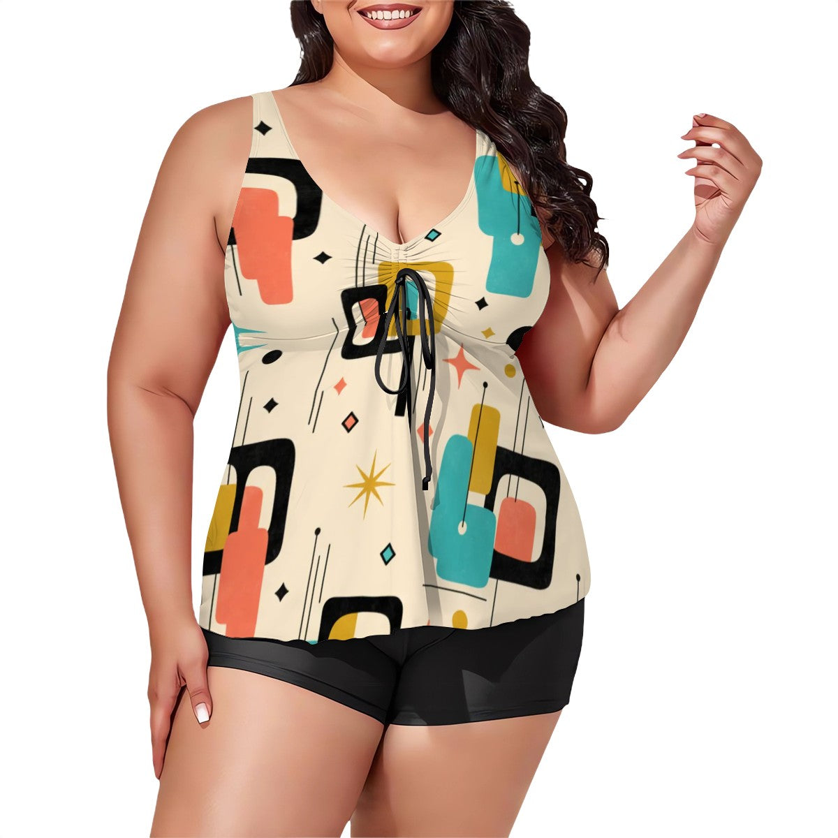MCM-Era Atomic Geometric Print Plus-Size Two-Piece Swimsuit
