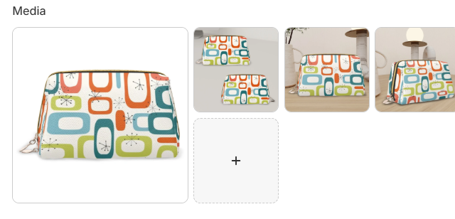 Mid-century modern retro TV print cosmetic bag in cream, orange, blue, and olive green.